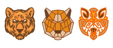 Collection silhouettes of tiger head in color different styles isolated on white background. Modern graphic design element for label, print or poster. Vector art illustration.