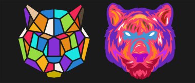 Collection silhouettes of tiger head in color different styles isolated on black background. Modern graphic design element for label, print or poster. Vector pop art illustration.