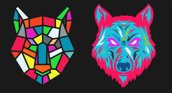 Kollektion Silhouetten Des Wolfskopfes Verschiedenen Farben Isoliert Auf Schwarzem Hintergrund — Stockvektor