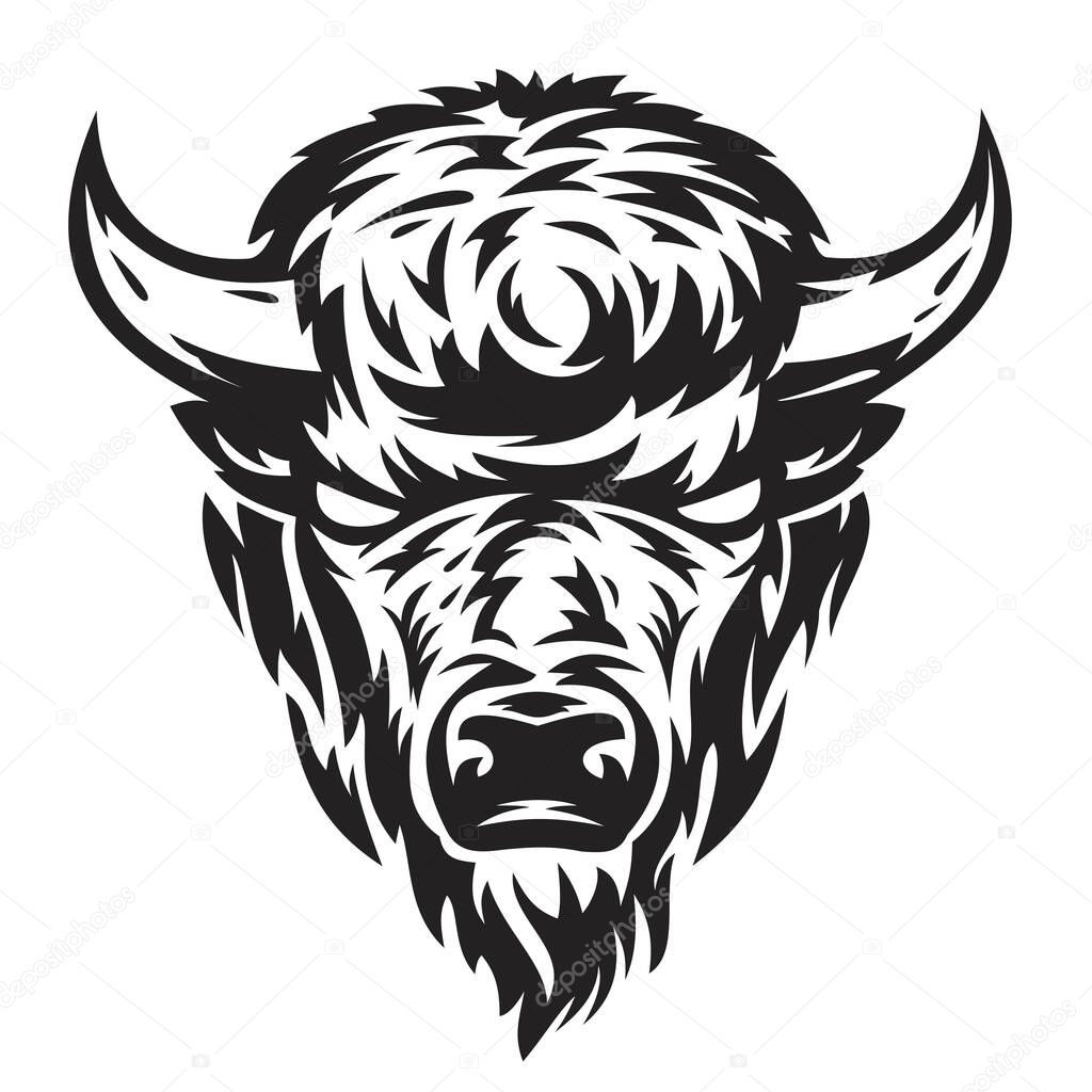 Buffalo head in hand drawn sketch monochrome style isolated on white background. Modern graphic design element for label or print. Vector art illustration.