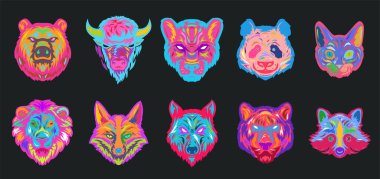 Elle çizilmiş bir hayvan kafası seti. Siyah renkte izole edilmiş çizim rengi. Ayı, bizon, panter, panda, kedi, aslan, tilki, kaplan, rakun. Modern pop sanat tasarım elementi. Vektör illüstrasyonu.
