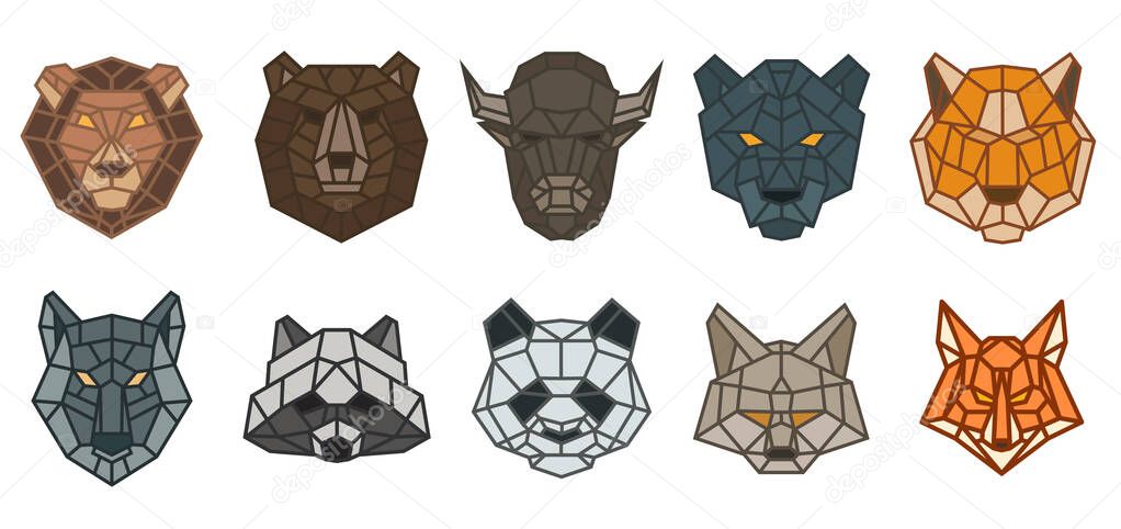 Set of animal head from lines in geometric polygonal style isolated on white color. Bear, bison, panther, panda, cat, lion, fox, wolf, tiger, raccoon. Modern graphic design element. Vector art.
