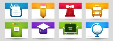 Modern minimalist tarzda okul sanat kompozisyonu. Koleksiyon çizgi film tasarım kavramları. Kapak, afiş ve el ilanları için renkli şablon seti. Yaratıcı vektör illüstrasyonu.