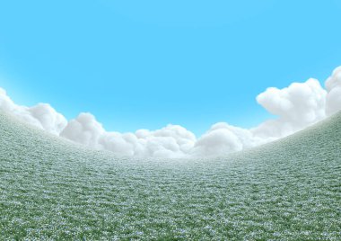 Gerçekçi, beyaz bulutlu mavi gökyüzü üzerindeki çiçek tarlası manzarasını büker. Küresel boş manzara. Parlak 3d illüstrasyon.