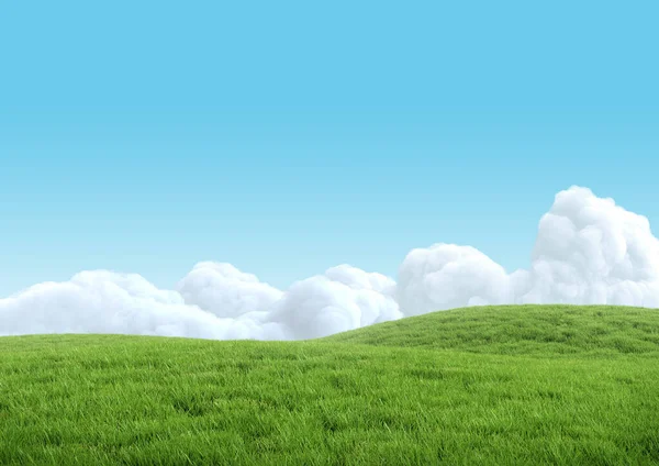 雲と青空に現実的な緑の芝生の丘 明るい3Dイラスト — ストック写真