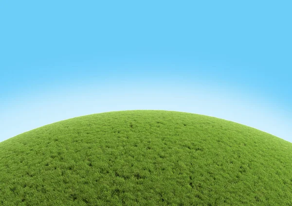 青空に現実的な緑の芝生の丘 球体の空のパノラマの背景 明るい3Dイラスト — ストック写真