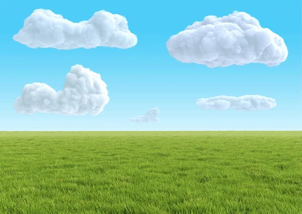 现实的空旷绿草地 蓝天白云 横向清晰的全景背景 明亮的3D例证 — 图库照片