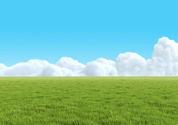 现实的空旷绿草地 蓝天白云 横向清晰的全景背景 明亮的3D例证 — 图库照片