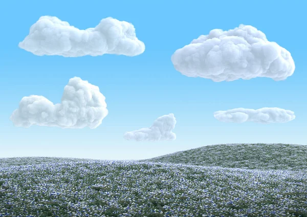 Bukit Bunga Yang Realistis Langit Biru Dengan Awan Ilustrasi Bright — Stok Foto