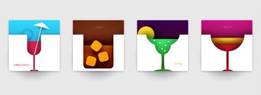 Soyut silüet kokteyller seti. Alkol ve meyve suyu minimalist geometrik düz stil. Yaratıcı renkli kompozisyon. Marka menüsü, kapak, el ilanı, afiş. Vektör illüstrasyonu.