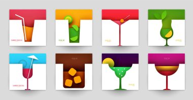 Soyut silüet kokteyller seti. Alkol ve meyve suyu minimalist geometrik düz stil. Yaratıcı renkli kompozisyon. Marka menüsü, kapak, el ilanı, afiş. Vektör illüstrasyonu.