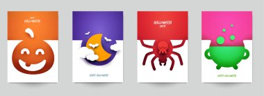 Cadılar bayramı tasarımın kutlu olsun. Minimalist modern katman tarzında tatil koleksiyonu kompozisyonu. Pankart, poster, broşür, davetiye kartı için şablonları ayarlayın. Vektör illüstrasyonu.