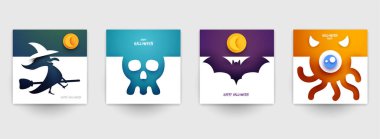 Cadılar bayramı tasarımın kutlu olsun. Minimalist modern katman tarzında tatil koleksiyonu kompozisyonu. Pankart, poster, broşür, davetiye kartı için şablonları ayarlayın. Vektör illüstrasyonu.