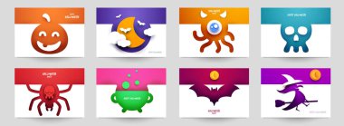 Cadılar bayramı tasarımın kutlu olsun. Minimalist modern katman tarzında tatil koleksiyonu kompozisyonu. Pankart, poster, broşür, davetiye kartı için şablonları ayarlayın. Vektör illüstrasyonu.