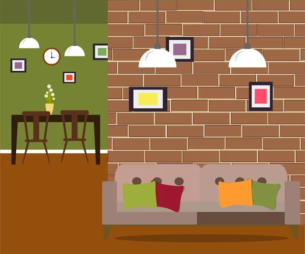 Del av vardagsrummet med soffa och tegel vägg — Stock vektor