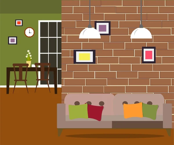 Součástí obývacího pokoje s pohovkou a cihlová zeď — Stockový vektor