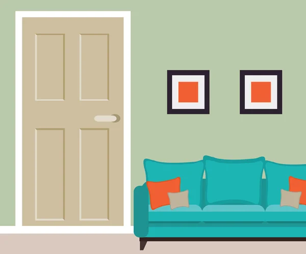 Součástí obývacího pokoje dveře a pohovkou — Stockový vektor