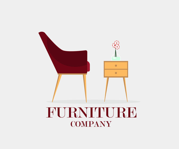 Furniture: chair, nightstand and bouquet of flowers. Furniture company.