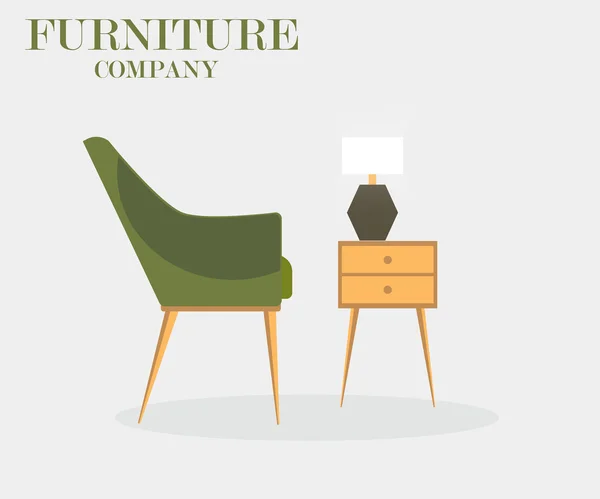 Möbel: Stuhl, Nachttisch und Lampe. Möbelunternehmen. — Stockvektor
