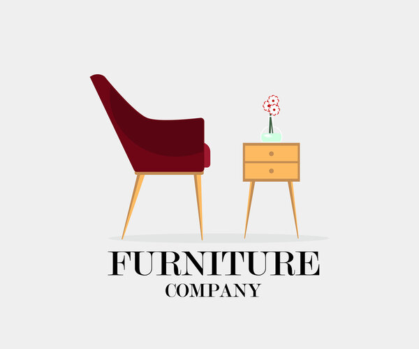 Furniture: chair, nightstand and bouquet of flowers. Furniture company.