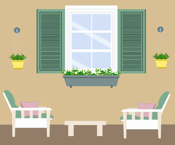 Terras met meubilair, bloemen en een raam — Stockvector