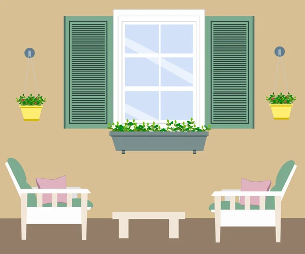 Terrace with furniture, flowers and a window — Stock Vector