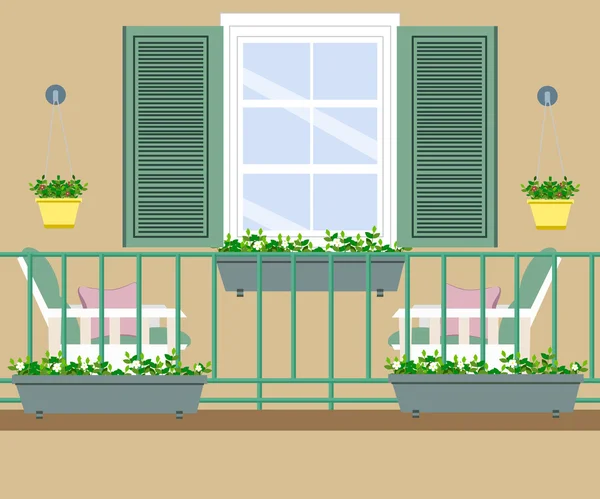 Balcon avec meubles et pots de fleurs — Image vectorielle