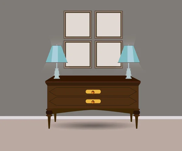 Commode avec deux lampes avec mur gris sur le fond — Image vectorielle