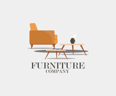 tablolar ve lamba ile iki sandalye kümesi. Mobilya şirketi. Sarı renk