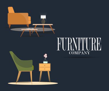 Tablolar ve lambaları sandalye kümesi. Mobilya şirketi.
