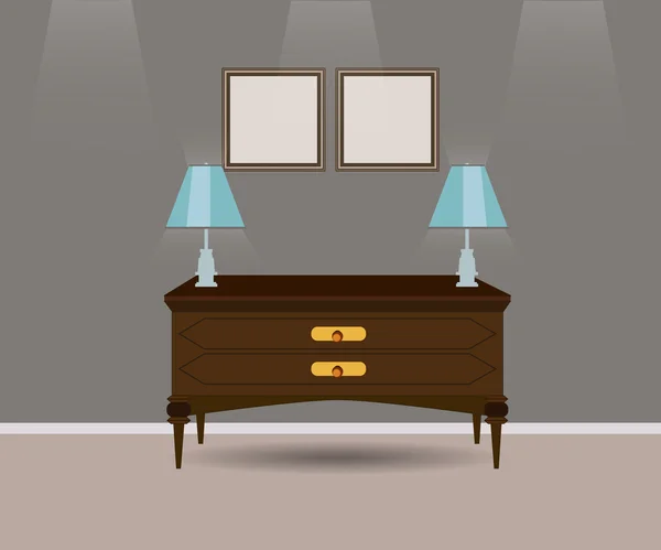 Commode avec deux lampes avec mur gris sur le fond — Image vectorielle