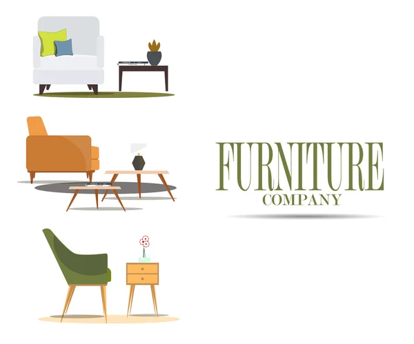 Set of chairs with tables and lamps. Furniture company. — Stock Vector