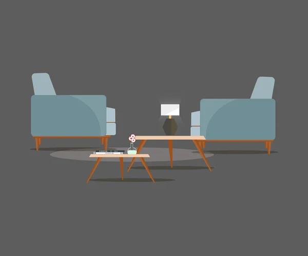 Набор из двух стульев со столами и лампой. Мебельная компания . — стоковый вектор