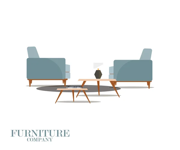 Conjunto de dos sillas con mesas y lámpara. Compañía de muebles. Color azul — Archivo Imágenes Vectoriales