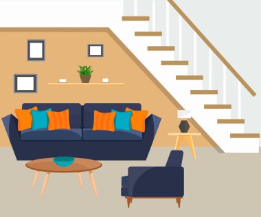 Mobilya. Merdiven ile oturma odası.