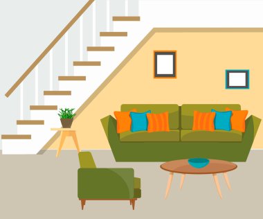 Mobilya. Merdiven ile oturma odası.