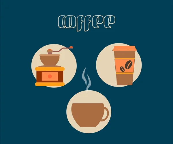 Kaffeeservice mit Tasse, Kaffeemühle und Glas — Stockvektor
