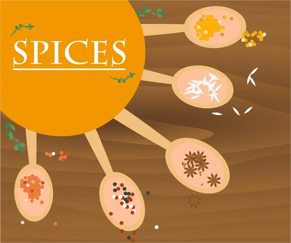 Łyżka przyprawy na drewniane tła - grafika wektorowa — Wektor stockowy