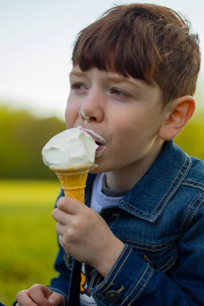 Close Cute Redhead Blue Eyed Boy Wearing Blue Denim Jacket — Stock Photo, Image