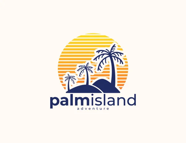 Moderna Isola Palme Montagna Con Disegno Del Logo Del Tramonto — Vettoriale Stock