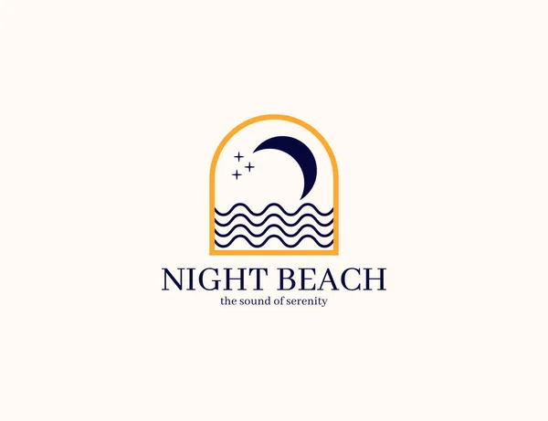 Elegante Spiaggia Notturna Con Luna Onda Logo — Vettoriale Stock