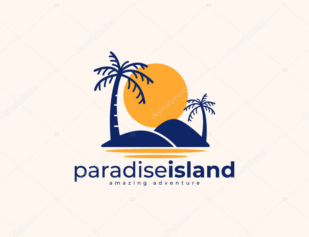 Sunset island and palm tree logo design