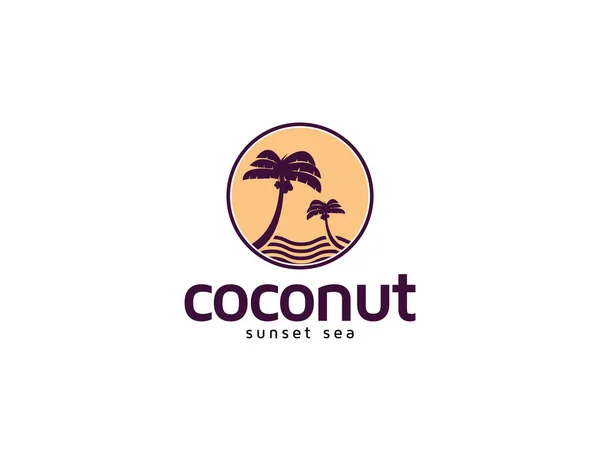 Sunset Καρύδα Δέντρο Και Νησί Παραλία Λογότυπο Εικονογράφηση Για Διακοπές — Διανυσματικό Αρχείο