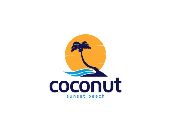 Sunset Coconut Tree Island Beach Logo Illustration Holiday Vacation Concept — Stock Vector