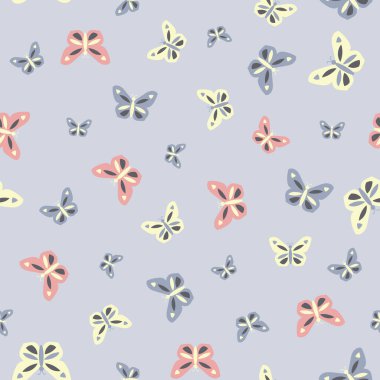 Açık mavi üzerindeki renkli kelebekler kusursuz vektör arkaplan desenini tekrarlıyorlar