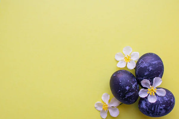 Mavi renkli Paskalya yumurtaları sarı arka planda yatar. Uzay boyalı yumurtalar. Çiçekler.