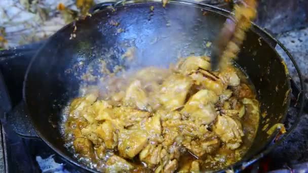 Hand mixing boiling the meat in a large hot frying pan — Stock Video