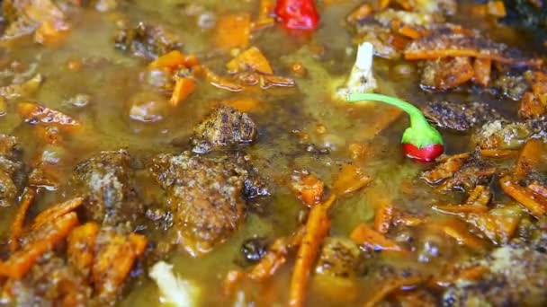 Sebzeler (havuç, biber, soğan) etli çorba kaynar suda pişmiş — Stok video