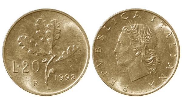 Använt Italienska Lire 1992 Vintage Brons Mynt Med Kvinna Porträtt — Stockfoto