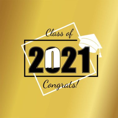 2021 sınıfı. Altın arkaplan ve eğitim akademik şapkalı numara. Mezuniyet tasarımı şablonu, lise, üniversite mezuniyeti. Vektör illüstrasyonu.